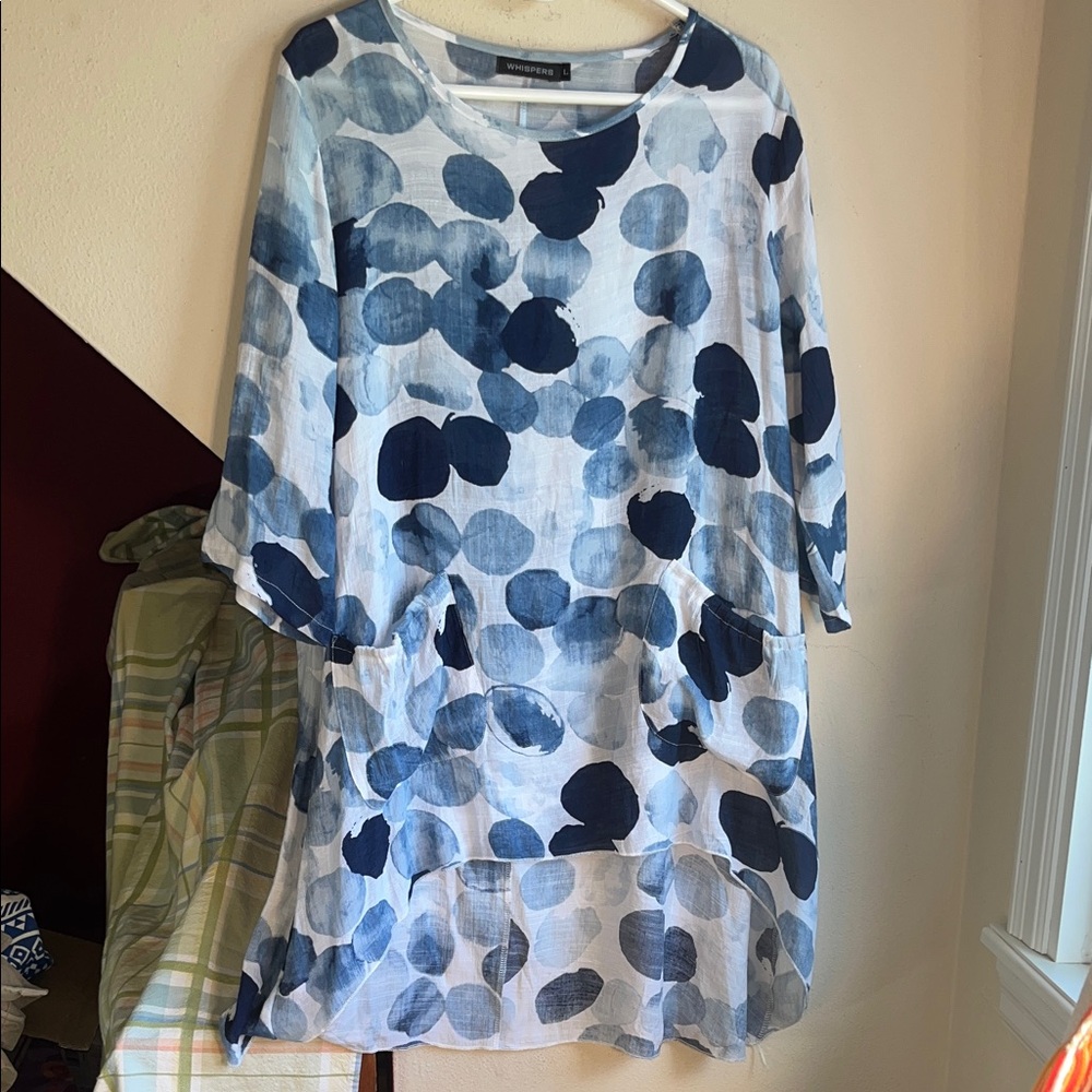 Blue and White Lagenlook Polka Dot Dress L